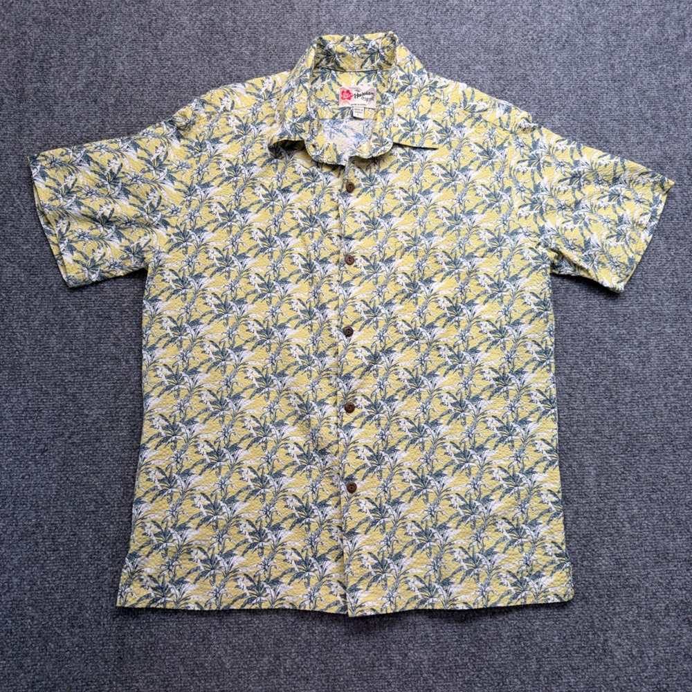 Hilo Hattie Mens Large Hawaiian Shirt Yellow Palm Leaf Seersucker Made in Hawaii